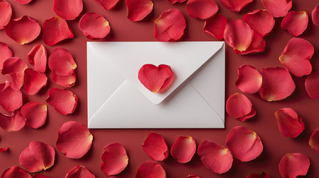 Romantic envelope with heart-shaped rose petal on red background, perfect for love letters, Valentine's Day, weddings, and special occasionsの素材
