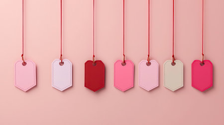 Colorful Hanging Tags in Various Shades of Pink on a Soft Pink Background for Creative Projects and Presentationsの素材