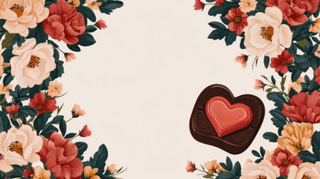 Elegant floral frame with heart-shaped chocolate and romantic blossoms for wedding, Valentine's Day, or special occasion greetings and celebrationsの素材