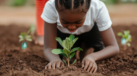 Young Child Engaged in Sustainable Gardening Activities by Planting a Seedling in the Rich Soil of a Community Gardenの素材