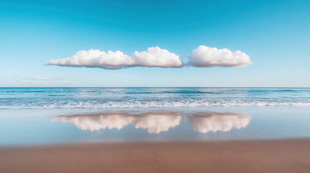 Tranquil Seascape with Soft Clouds Reflecting on Calm Ocean Waves Beneath a Bright Blue Sky at Sunrise or Sunset on a Serene Beachの素材