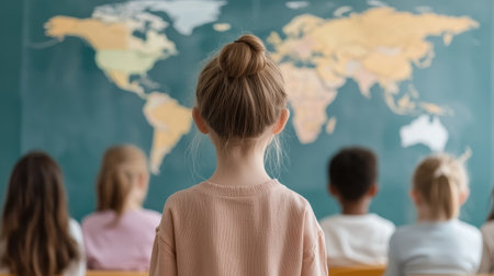 Thoughtful girl in classroom gazes at world map, dreaming of adventures and exploration, with classmates engaged in learning about geography and culture.の素材