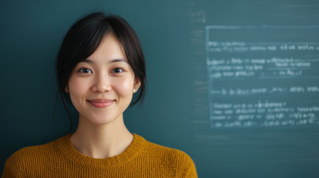 Smiling woman with dark hair wearing cozy sweater in front of chalkboard filled with programming code, representing tech education and diversity in software developmentの素材