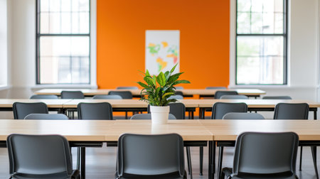 Modern Classroom with Bright Orange Wall and Green Plant in Center of Wooden Desks and Chairs, Perfect for Education and Learning Environmentsの素材