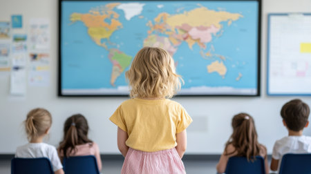 Young Girl in Classroom Observing World Map with Classmates Engaged; Focus on Education and Learning in Modern School Environmentの素材
