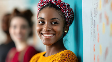 Smiling Young Woman with Headwrap and Bright Expression Posing Confidently in a Creative Environment with Diverse Background in Modern Office Spaceの素材