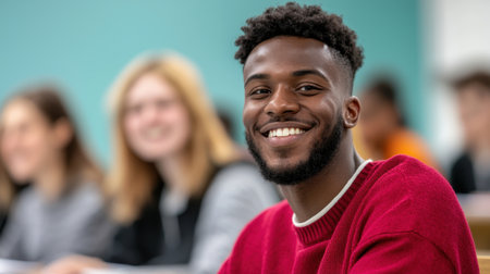 Smiling Student in Classroom Setting with Peers Engaged in Learning, Showcasing Joy and Confidence in Educational Environment for Stock Photographyの素材