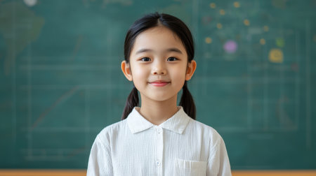 Happy young girl smiling in classroom environment with green chalkboard and educational materials in background, representing childhood joy and learningの素材