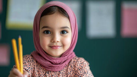 Smiling Young Girl in Pink Headscarf Holding Pencils in Classroom Setting with Colorful Background and Learning Materialsの素材