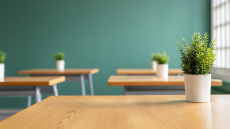Contemporary Classroom Setting with Green Accent Wall and Potted Plants on Wooden Desks for a Fresh Learning Environmentの素材