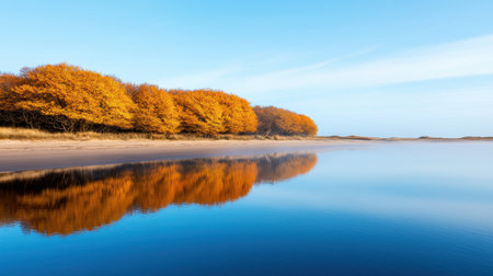 Serene Autumn Landscape with Golden Leaves Reflecting on Calm Water at Sunrise Beneath Clear Blue Sky in Tranquil Outdoor Sceneの素材