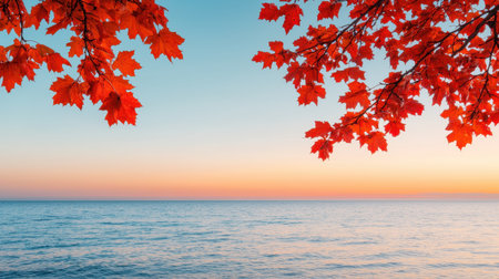 Tranquil Autumn Sunset Over Serene Ocean with Vibrant Maple Leaves Framing the Scene in Warm Orange and Cool Blue Tonesの素材