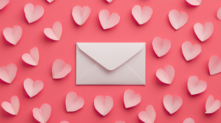 Romantic envelope surrounded by tiny paper hearts on a vibrant pink background, ideal for love-themed projects and Valentine's Day celebrationsの素材