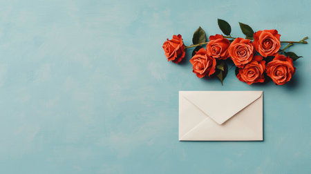 Beautiful arrangement of fresh orange roses next to a blank envelope on a light blue background for love letters and romantic themesの素材