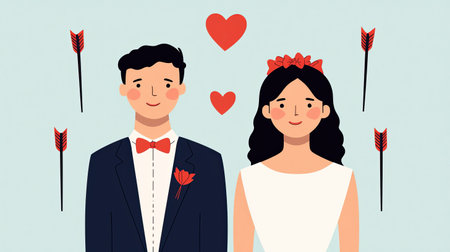 Happy wedding couple in a romantic setting with hearts and arrows, perfect for Valentine's Day, weddings, and celebration themesの素材