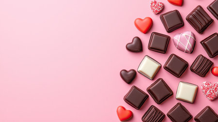 Assorted Chocolate Treats and Heart-Shaped Candies on Pink Background for Valentine's Day Celebration and Sweet Gift Ideasの素材