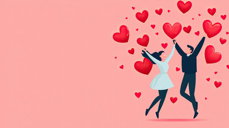 Joyful couple celebrating love surrounded by floating hearts on a soft pink background, perfect for romantic themes and Valentine's Day inspirations.の素材