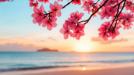 Vibrant Cherry Blossom Branch Overlooking Serene Beach at Sunset with Gentle Waves and Calm Atmosphereの素材