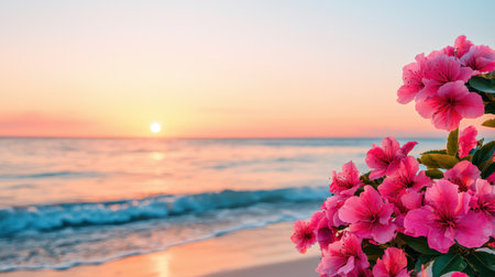 Beautiful Sunset Over Ocean with Pink Flowers in Foreground, Creating a Serene and Tranquil Beach Scene for Relaxation and Inspirationの素材