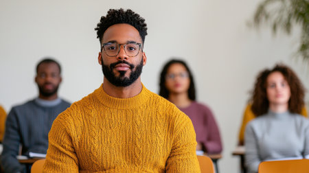 Engaged African American Male in Sweater Attending Lecture with Peers in Classroom Setting Focused on Learning and Personal Developmentの素材
