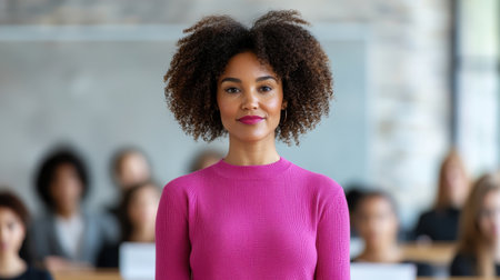 Confident young woman with curly hair stands in front of classroom full of students, showcasing leadership and engagement in educational settingの素材