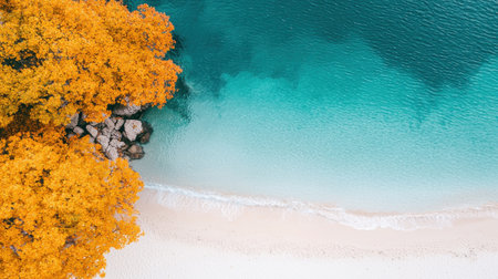 Aerial View of Turquoise Water Meeting Sandy Beach Adorned with Vibrant Yellow Autumn Foliage in a Natural Coastal Landscapeの素材