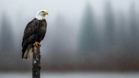 Majestic Bald Eagle Perched on a Weathered Log with a Misty Forest Background in Winter Snowy Conditionsの素材