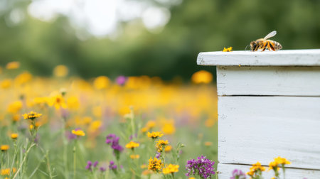 Bee on White Wooden Hive Surrounded by Colorful Wildflowers in Sunlit Field Capturing Essence of Nature's Beauty and Pollination Processの素材