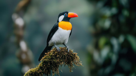Colorful toucan perched on a mossy branch against a blurred green background showcasing the beauty of tropical avian wildlife and nature photographyの素材