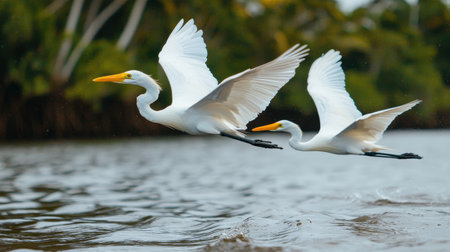 Two graceful white egrets in flight over a calm river, showcasing their elegant wings and striking colors amidst lush green foliage in the backgroundの素材