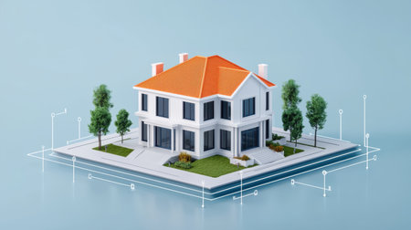 Modern Architectural Model of a House with Orange Roof, Green Landscape and Geometric Overlay on Blue Background for Design and Real Estate Conceptsの素材