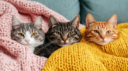 Three Cozy Cats Snuggled Together Under Colorful Blankets on a Soft Couch in a Warm and Inviting Living Room Settingの素材