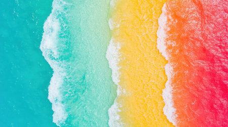 Vibrant Ocean Waves in Turquoise, Yellow, and Coral Shades Creating a Striking Aerial View of Nature's Palette on a Sunny Dayの素材