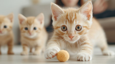 Playful Ginger Kitten Engaging with Yellow Ball on Floor Surrounded by Adorable Friends in Home Environment Perfect for Pet Lovers and Animal Enthusiastsの素材