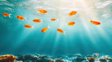 Vibrant Underwater Scene with School of Orange Fish Swimming Above Coral Reefs in Clear Blue Ocean Light Rays Illuminating the Ocean Floorの素材