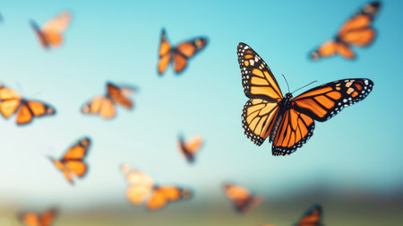Beautiful Monarch Butterflies Flying in a Bright Blue Sky Over a Soft Green Landscape, Capturing Natures Delicate Beauty and Graceful Movementの素材