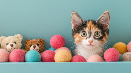 Playful kitten surrounded by colorful felt balls and cute teddy bears in a bright and cheerful setting, perfect for animal lovers and nursery decor inspirationの素材