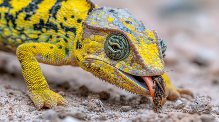 Close-up of a Colorful Lizard Feeding on an Insect in Nature, Showcasing Detail of Scales and Unique Pattern on Its Skinの素材