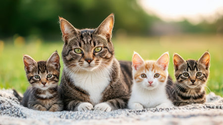 Adorable tabby cat with three playful kittens lounging together on a blanket in a sunny outdoor setting, showcasing warmth and companionship in natureの素材