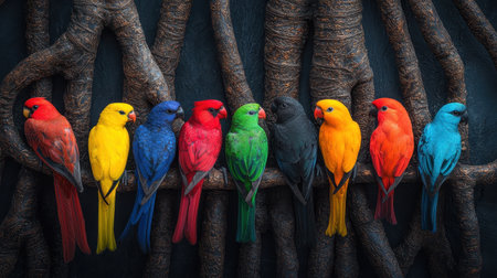 Colorful Tropical Birds Perched on Branches Surrounded by Dark Twisted Wood in a Vibrant Display of Feathers and Nature's Beautyの素材