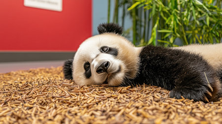 Cute baby panda laying on the ground with bamboo backdrop in indoor habitat, showcasing playful expression and fluffy fur in a cozy environmentの素材