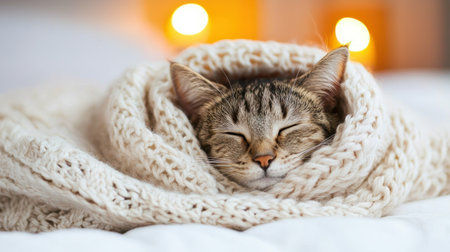 Cozy tabby cat wrapped in soft knitted blanket, enjoying warmth and comfort in serene indoor setting with gentle bokeh lights in backgroundの素材
