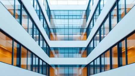 Modern architectural design featuring geometric shapes and vibrant colors in a contemporary office building with expansive glass windows and bright interiorsの素材