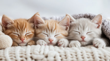 Three Adorable Kittens Sleeping Comfortably Together in a Cozy Bed Wrapped in Soft Textiles and Warm Blankets, Perfect for Pet Lovers and Feline Enthusiastsの素材