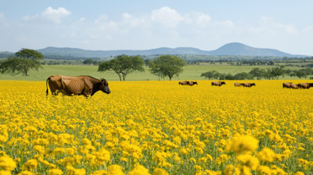 Serene Pastoral Landscape with a Cow Grazing in Vibrant Yellow Flower Field Under Clear Blue Skies and Rolling Green Hills in the Backgroundの素材