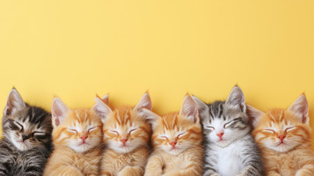 Six Adorable Kittens Sleeping Peacefully on a Bright Yellow Background, Showcasing Soft Fur and Playful Expression in an Endearing Settingの素材
