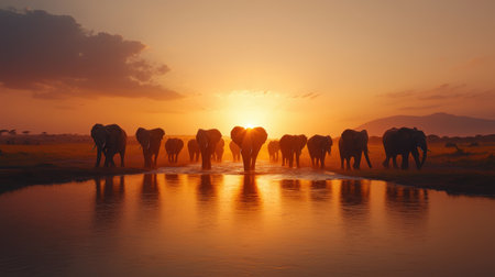 Majestic Herd of Elephants Walking Silhouetted Against a Stunning Orange Sunset over Tranquil Water in the African Savanna Landscapeの素材