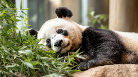 Cute Relaxed Panda resting on a rock with green bamboo in the background, showcasing its gentle nature and unique black and white fur patternsの素材