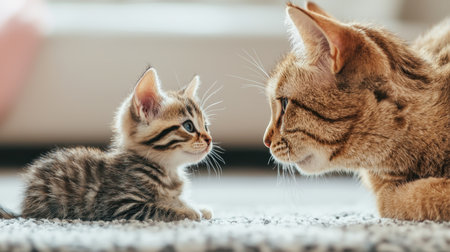 Heartwarming Moment Between a Mother Cat and Her Adorable Kitten in a Cozy Interior Setting with Soft Textures and Natural Lightの素材