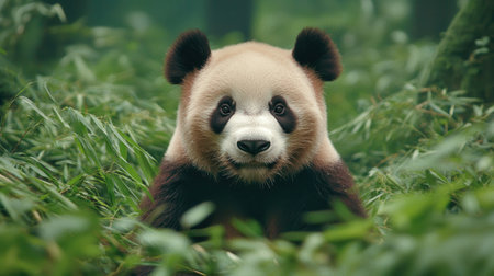 Adorable Giant Panda Sitting Among Bamboo in Lush Green Forest, Captivating Wildlife Moment in Natural Habitat, Peaceful and Gentle Animal Encounterの素材